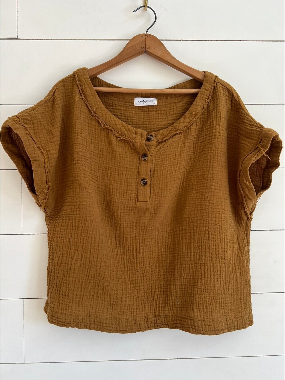 C.J. LA Gauzy Muslin Cotton Top Women's Size L Acorn Brown Boho Lagenlook Chic